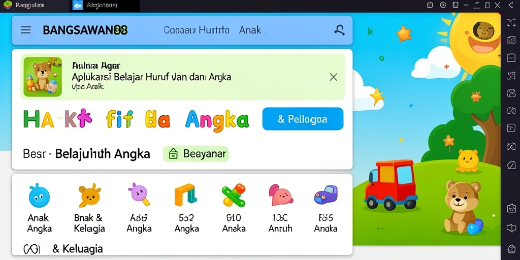 Antarmuka BANGSAWAN88 yang ceria dan penuh warna untuk belajar huruf dan angka.