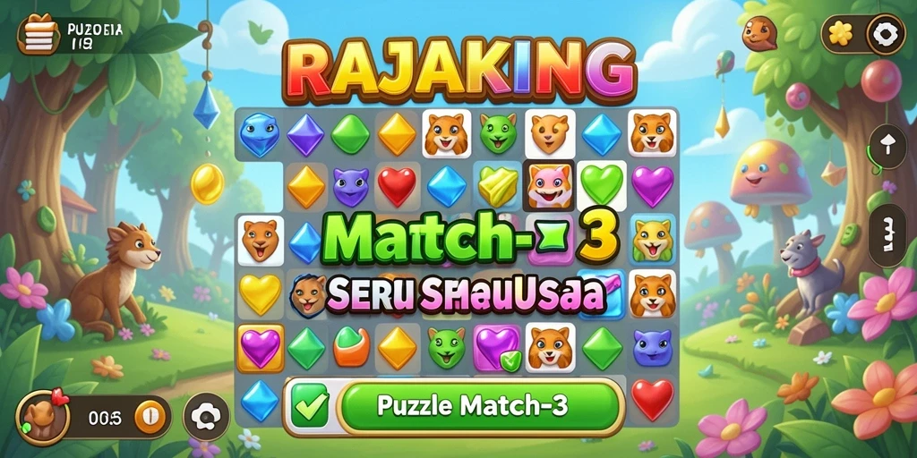 Tampilan antarmuka utama RAJAKING dengan gameplay Puzzle Match-3 yang mengasyikkan.